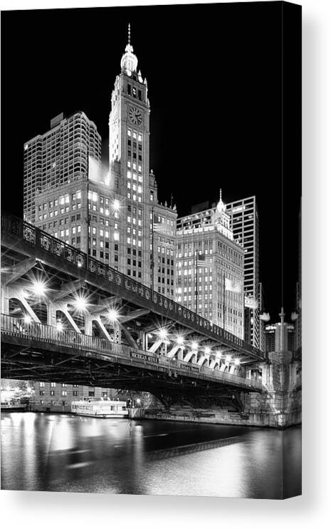 Dusk Canvas Print featuring the photograph Wrigley Building at Night in Black and White by Sebastian Musial