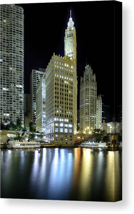Dusk Canvas Print featuring the photograph Wrigley Building at Night by Sebastian Musial