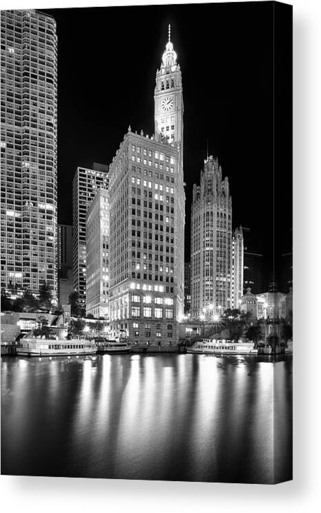 Dusk Canvas Print featuring the photograph Wrigley Building Reflection in Black and White by Sebastian Musial