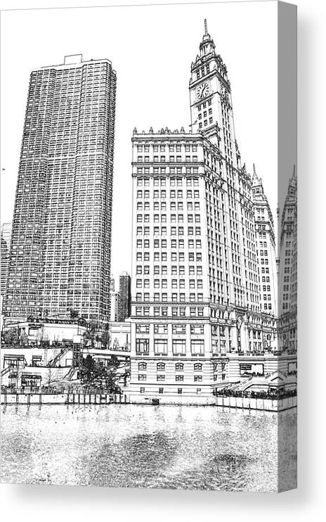 Wrigley Tower Canvas Print featuring the digital art Wrigley Clock Tower in Chicago by Dejan Jovanovic