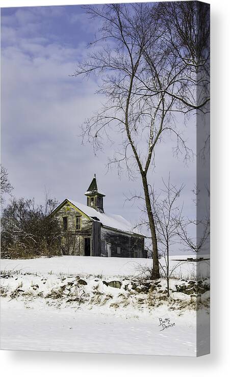 Snow Canvas Print featuring the photograph Yellow Trimmed Barn by Betty Denise