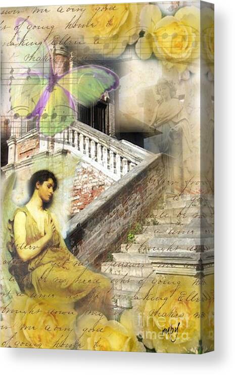 Angel;yellow;butterfly;roses;stairs;music;script75 Canvas Print featuring the digital art Angel in Waiting by Ruby Cross