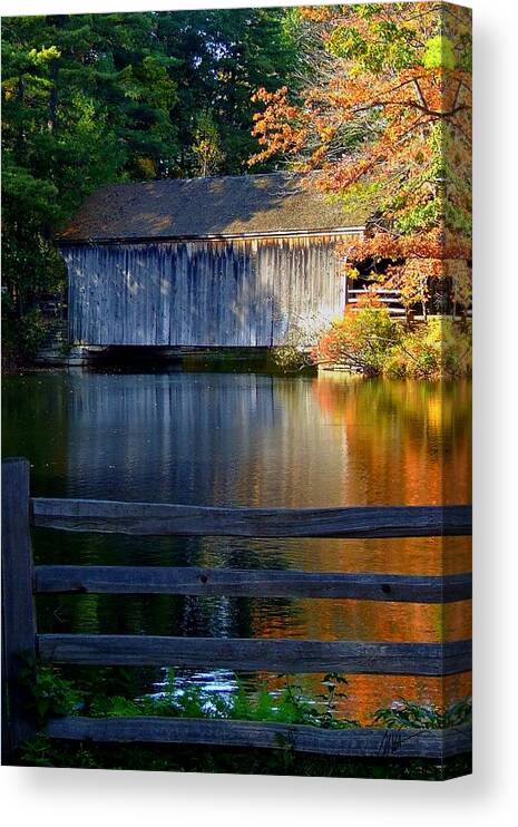  Canvas Print featuring the photograph Autumn Crosses the Bridge - Greeting Card by Mark Valentine