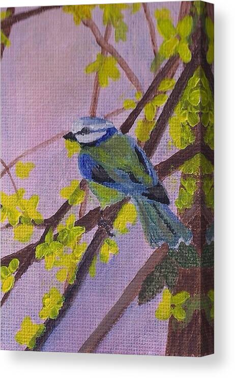 Blue Bird On A Tree Branch Canvas Print featuring the painting Blue Bird by Christy Saunders Church