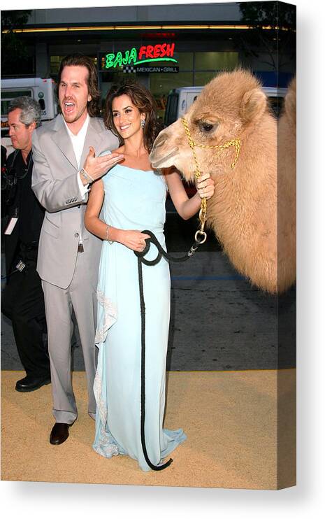 Sahara Premiere Canvas Print featuring the photograph Breck Eisner, Penelope Cruz With Camel by Everett