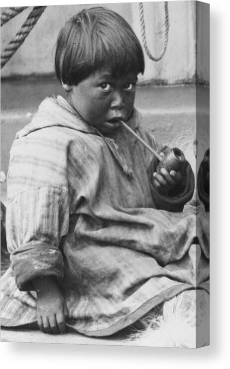 1890s Canvas Print featuring the photograph Child Learning To Smoke A Pipe, Detail by Everett