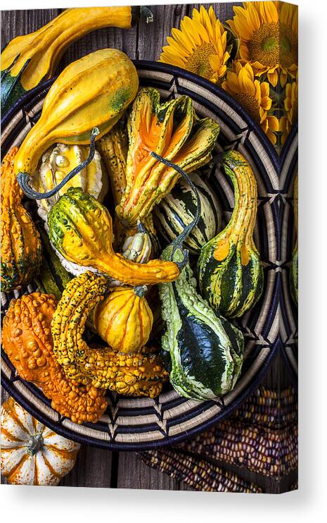Colorful Canvas Print featuring the photograph Colorful gourds in basket by Garry Gay