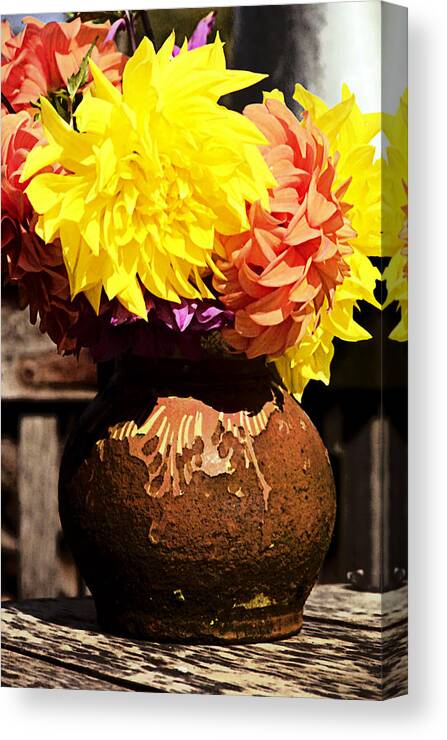Blossom Canvas Print featuring the photograph Dahlias in old vase by Emanuel Tanjala