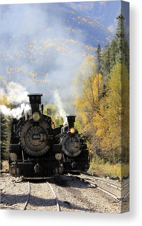 Durango-silverton Narrow Gauge Railroad Canvas Print featuring the photograph Dual Engines by Marta Alfred