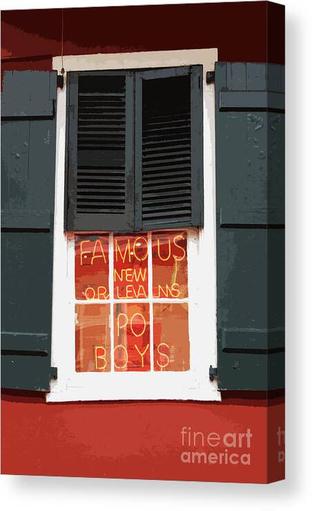 New Orleans Canvas Print featuring the digital art Famous New Orleans PO BOYS Red Neon Window Sign Cutout Digital Art by Shawn O'Brien