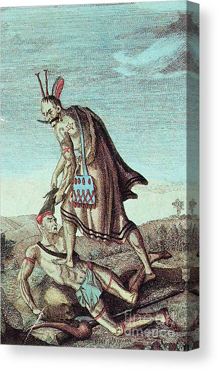 History Canvas Print featuring the photograph Iroquois Warrior Scalping Enemy, 1814 by Photo Researchers