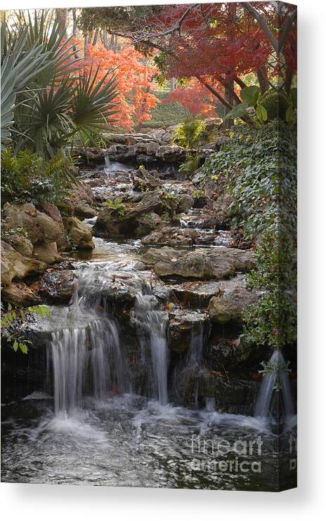 Waterfall Photography Canvas Print featuring the photograph Waterfall in the Japanese Gardens, Ft. Worth, Texas by Greg Kopriva