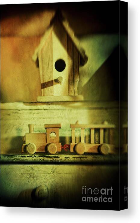 Abandoned Canvas Print featuring the photograph Little wooden train on shelf by Sandra Cunningham