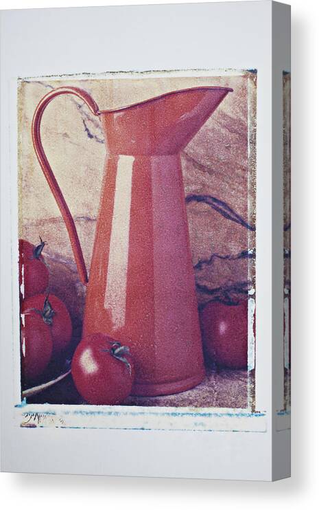 Orange Pitcher Canvas Print featuring the photograph Orange pitcher and tomatoes by Garry Gay