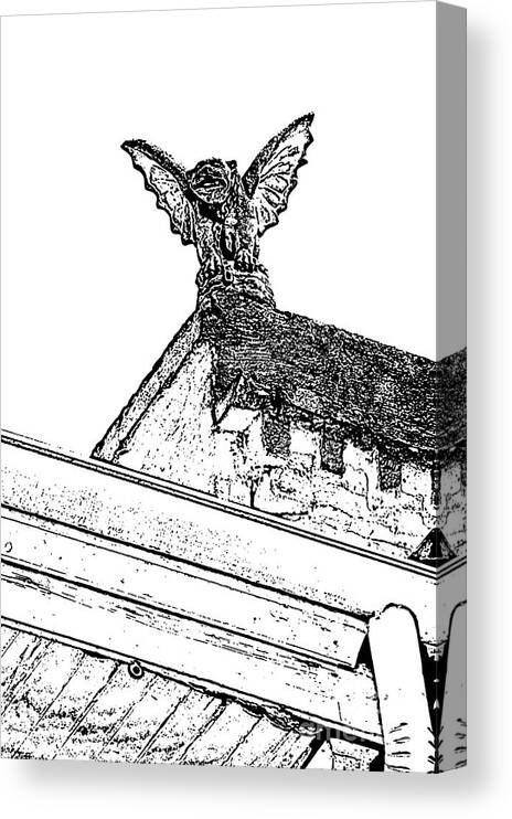 New Orleans Canvas Print featuring the digital art Rooftop Gargoyle Statue above French Quarter New Orleans Black and White Stamp Digital Art by Shawn O'Brien