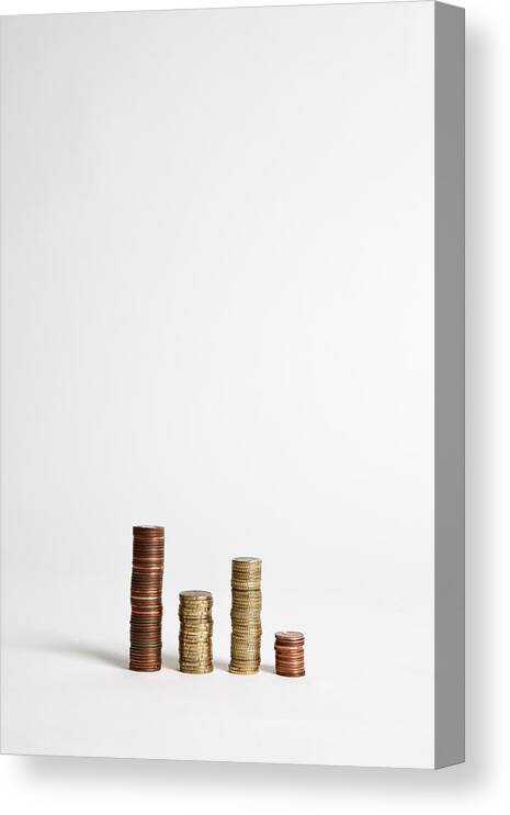 Vertical Canvas Print featuring the photograph Stacks Of Various European Union Coins by Halfdark