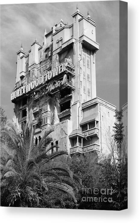 Travelpixpro Disney World Canvas Print featuring the photograph Twilight Zone Tower of Terror Vertical Hollywood Studios Walt Disney World Prints Black and White by Shawn O'Brien