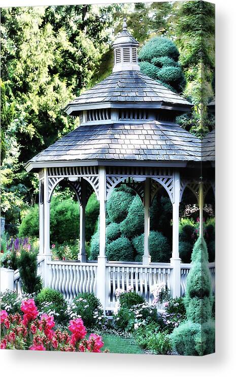 Gazebo Canvas Print featuring the photograph White Gazebo In Garden Paradise by Tracie Schiebel