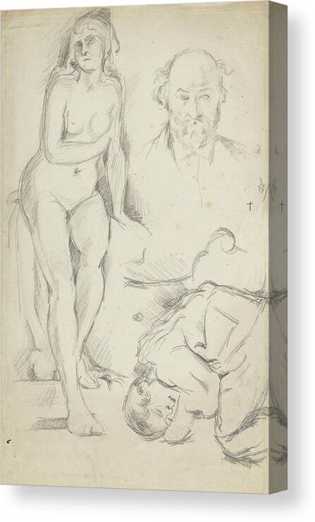 Paul Cezanne Canvas Print featuring the drawing Studies of Three Figures Including a Self-portrait by Paul Cezanne