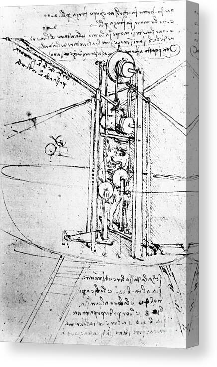 Leonardo Da Vinci Canvas Print featuring the drawing Vertically standing bird's winged flying machine by Leonardo da Vinci