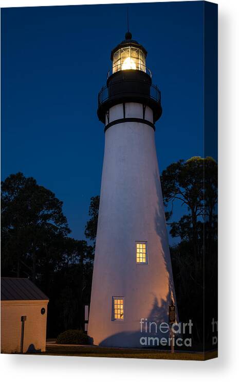Amelia Island Lighthouse At Night Canvas Print featuring the photograph Amelia Island Lighthouse at Twilight-Fernandina Beach Florida #1 by Dawna Moore Photography