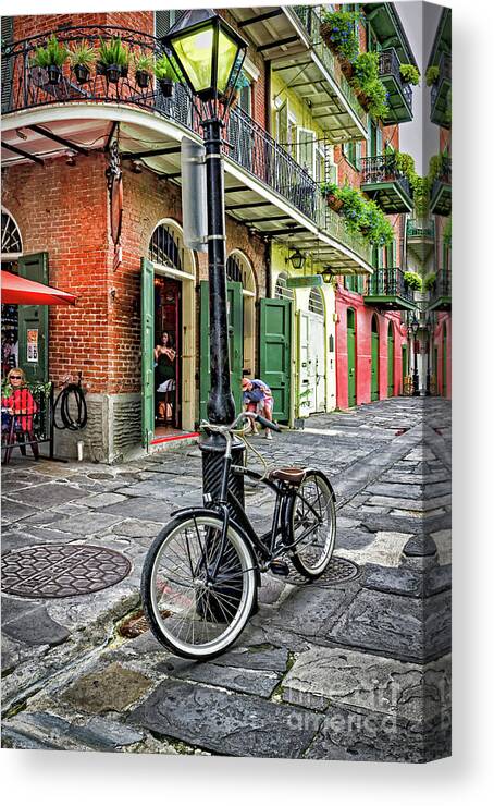 Bike Canvas Print featuring the photograph Bike and Lamppost in Pirate's Alley by Kathleen K Parker