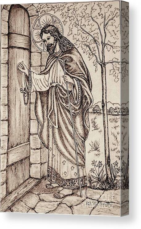 Pen And Ink Drawing Canvas Print featuring the drawing Christ Knocking at the Door #1 by Norma Boeckler