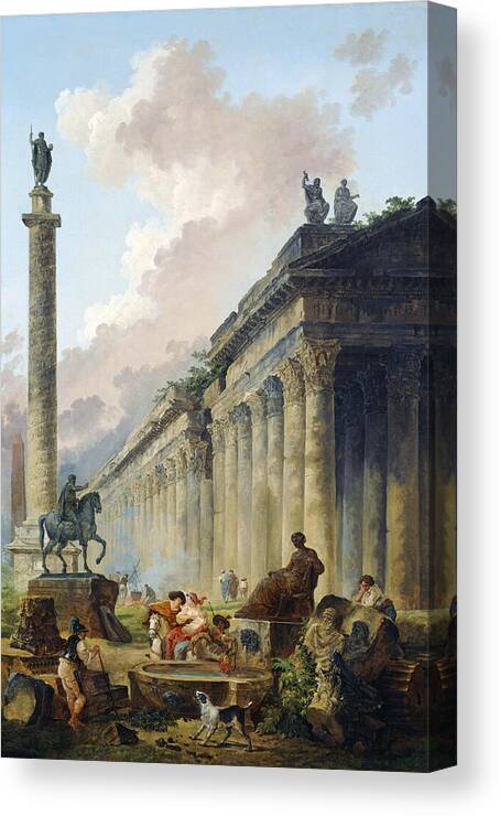 Hubert Robert Canvas Print featuring the painting Imaginary View of Rome with Equestrian Statue of Marcus Aurelius, the Column of Trajan and a Temple by Hubert Robert