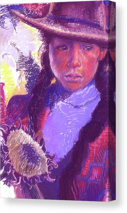 Peru Canvas Print featuring the pastel Peruvian Girl with Sunflower #1 by Ellen Dreibelbis