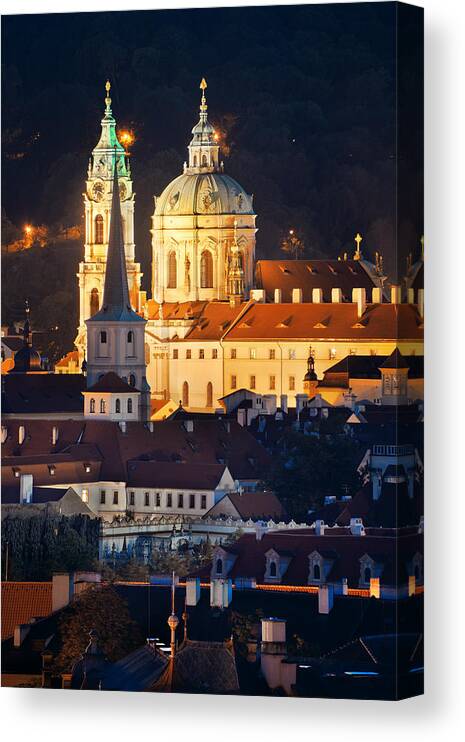 Prague Canvas Print featuring the photograph Prague skyline rooftop view dome #1 by Songquan Deng