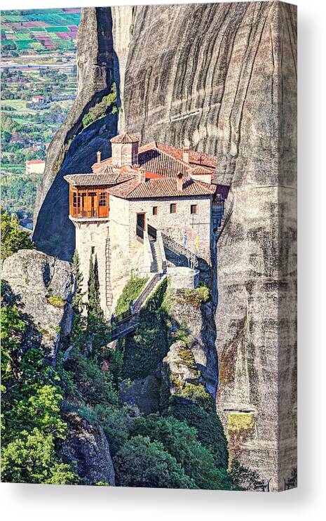 Christ Canvas Print featuring the photograph The Roussanou Monastery in the Meteora - Greece #1 by Constantinos Iliopoulos
