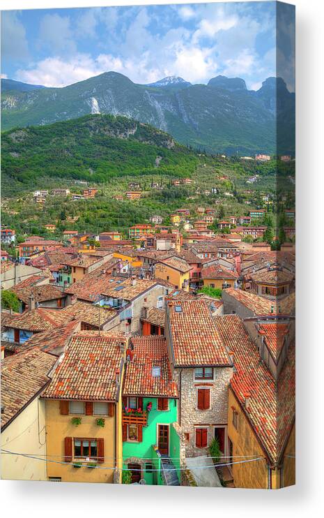 Architecture Canvas Print featuring the photograph view over the red roofs of Malcesine at the east bank of the Lake Garda #1 by Gina Koch