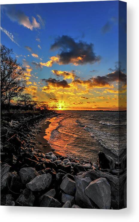 Landscape Canvas Print featuring the photograph Winter sunset on a Chesapeake Bay beach #1 by Patrick Wolf