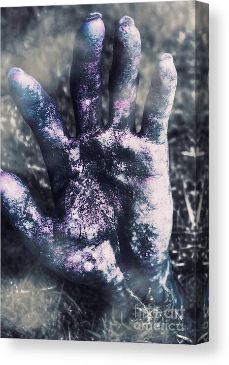 Book Cover Canvas Print featuring the photograph Zombie rising from a shallow grave #1 by Jorgo Photography