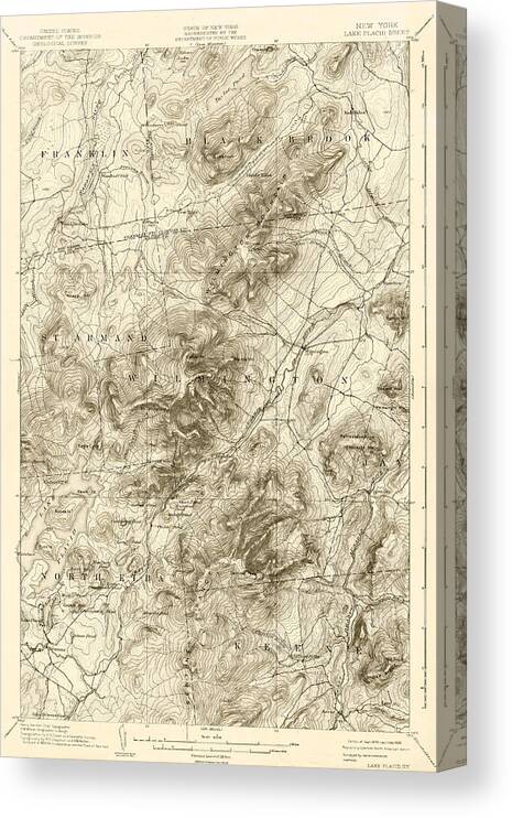 Lake Canvas Print featuring the digital art 1894 Lake Placid Geological Survey Map Adirondacks Sepia by Toby McGuire