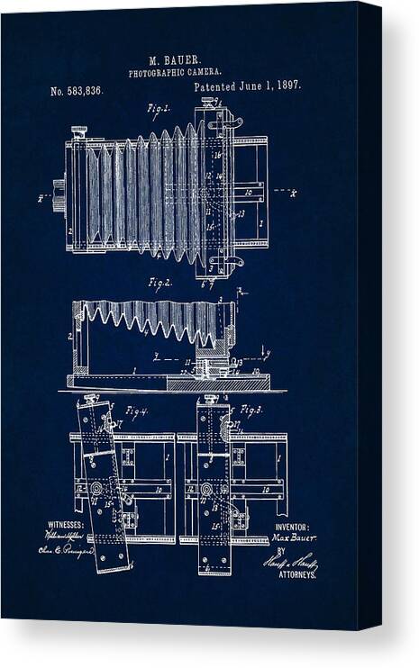 Patent Canvas Print featuring the digital art 1897 Camera US Patent Invention Drawing - Dark Blue by Todd Aaron