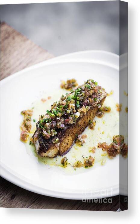 Alternative Canvas Print featuring the photograph Sea Bass Fish With Mexican Salsa Sauce #2 by JM Travel Photography