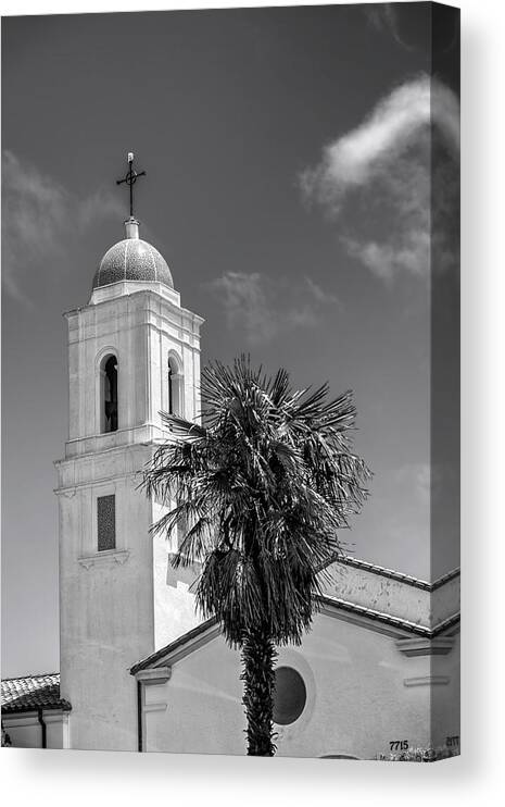 California; La Jolla; Church; Christian Cross; Bell Tower; Sea Gull; June; 2010s; 2017; Monochrome; B/w Photo; Black And White Photograph; Black And White Pictures; Bw Photo Canvas Print featuring the photograph 201706090-199K Sea Gull on Cross 2x3 by Alan Tonnesen