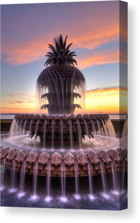 Charleston Pineapple Fountain Sunrise Canvas Print featuring the photograph Pineapple Fountain Charleston SC Sunrise #5 by Dustin K Ryan