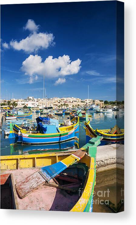 Attraction Canvas Print featuring the photograph Marsaxlokk Harbour And Traditional Mediterranean Fishing Boats I #6 by JM Travel Photography