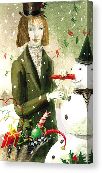 Girl Canvas Print featuring the painting A Girl with a Snowman by Victoria Fomina