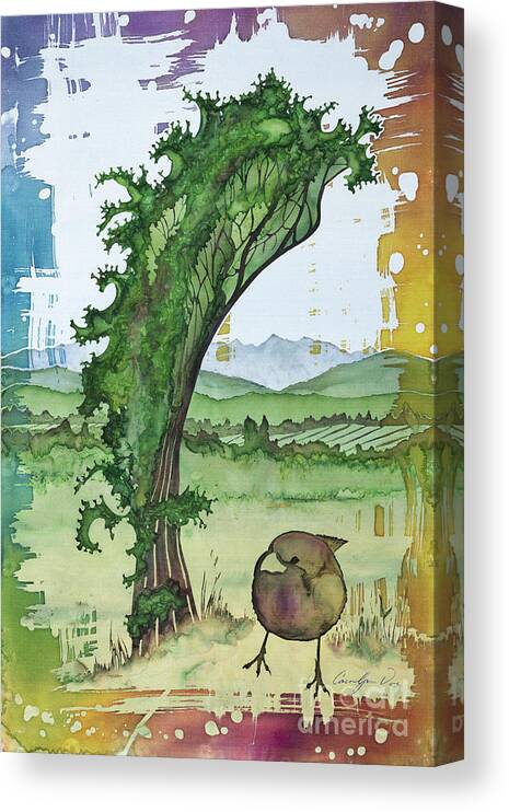Birds Canvas Print featuring the tapestry - textile A Kale Leaf and a Little Bird by Carolyn Doe