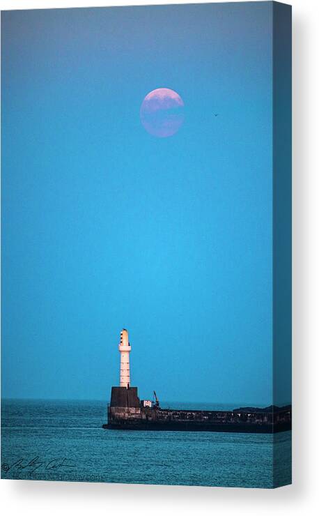 Lighthouse Canvas Print featuring the photograph Aberdeen Lighthouse and Full Buck Moon by B Cash