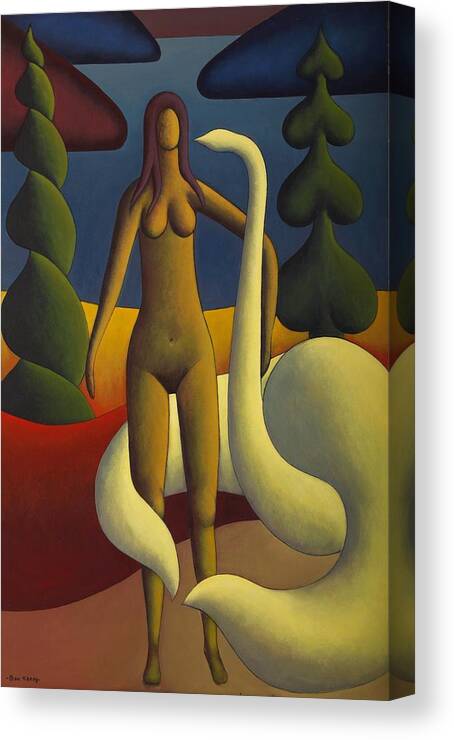 Nude In Landscape By Lake With Swan Canvas Print featuring the painting Adel with swan by Alan Kenny