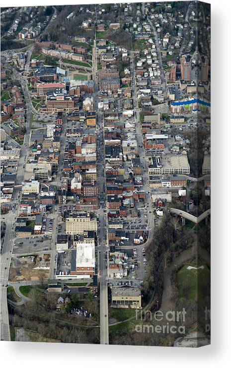 Aerial Canvas Print featuring the photograph Aerial of high street downtown Morgantown by Dan Friend
