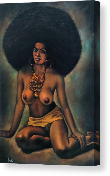 Oil Painting Canvas Print featuring the painting Afro Black Sexy Nude 70's large vintage by Enrique Felix
