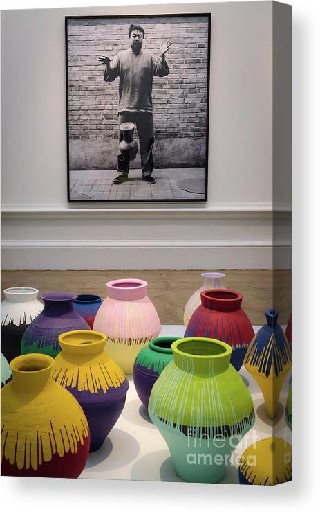 Ai Weiwei Canvas Print featuring the photograph Ai Weiwei, Portrait and Vases by Perry Rodriguez