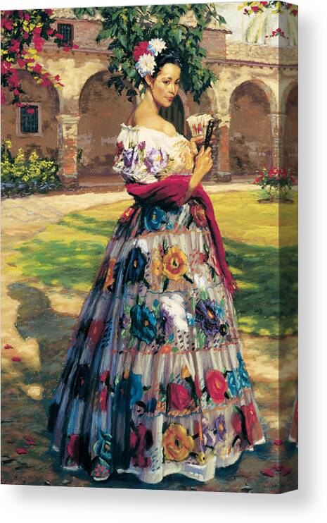 Woman Elaborately Embroidered Mexican Dress. Background Mission San Juan Capistrano. Canvas Print featuring the painting Al Aire Libre by Jean Hildebrant