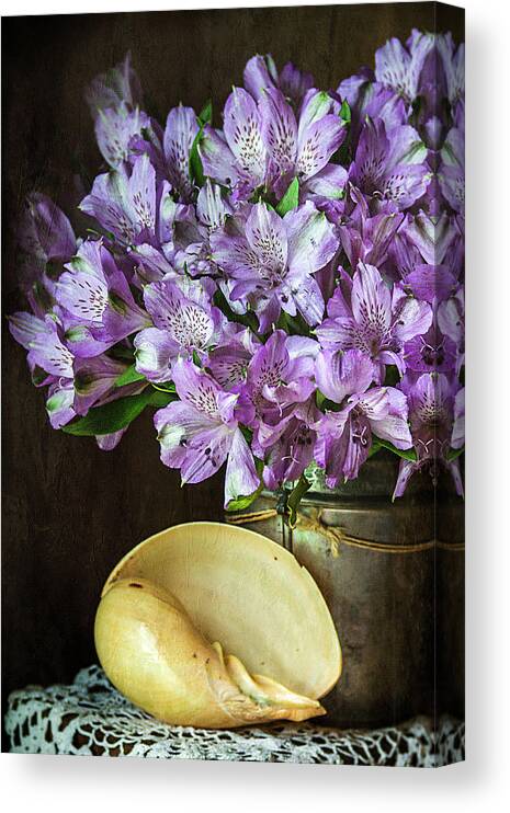Alstroemeria Canvas Print featuring the photograph Alstroemeria with Seashell by Cindi Ressler