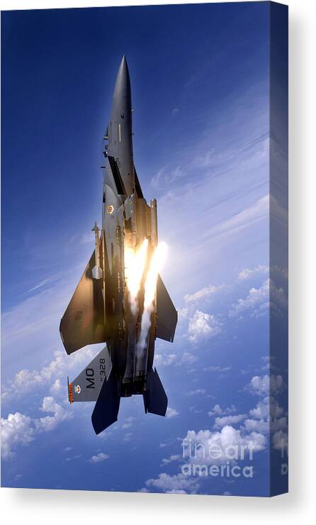 Vertical Canvas Print featuring the photograph An F-15e Strike Eagle Pops Flares by Stocktrek Images